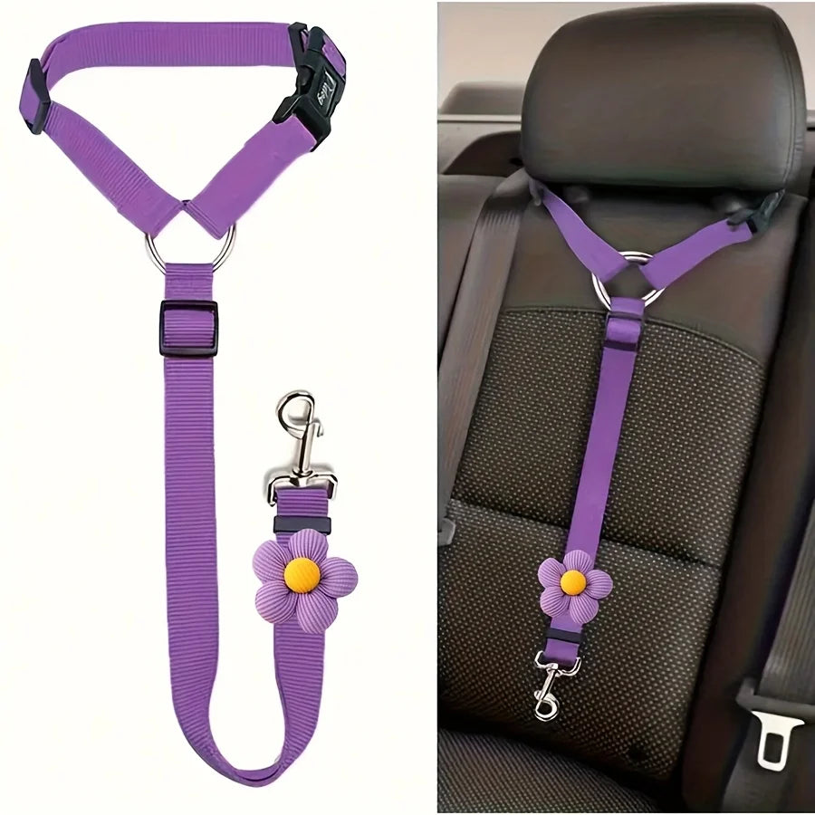 Purple Floral Dog Seat Belt Tether for Vehicles