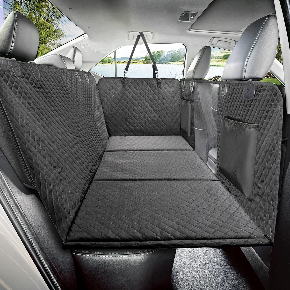 Beige Premium Dog Car Back Seat Extender with Hard Bottom