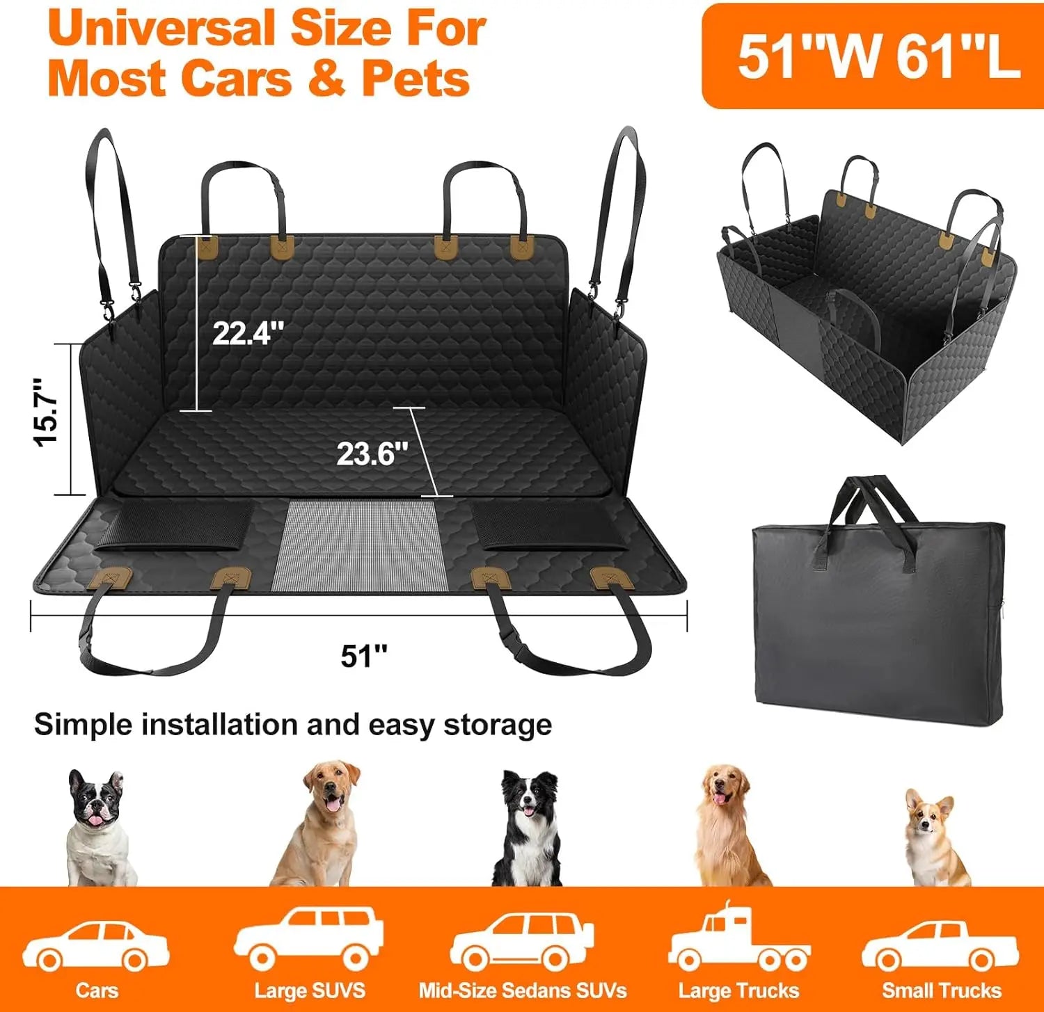 Black Waterproof Dog Car Hammock with Hard Bottom Seat Extender