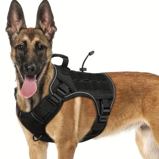 Black Adjustable No-Pull Tactical Dog Harness with Handle for Large Dogs