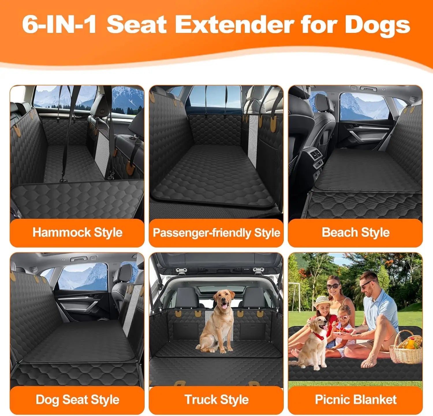 Black Waterproof Dog Car Hammock with Hard Bottom Seat Extender