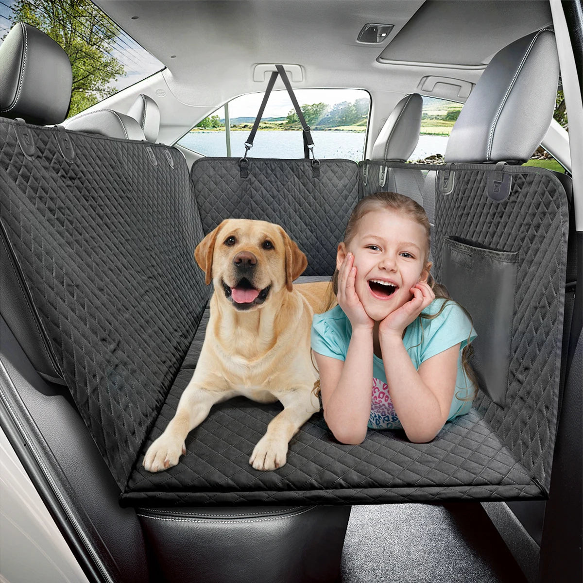 Beige Premium Dog Car Back Seat Extender with Hard Bottom