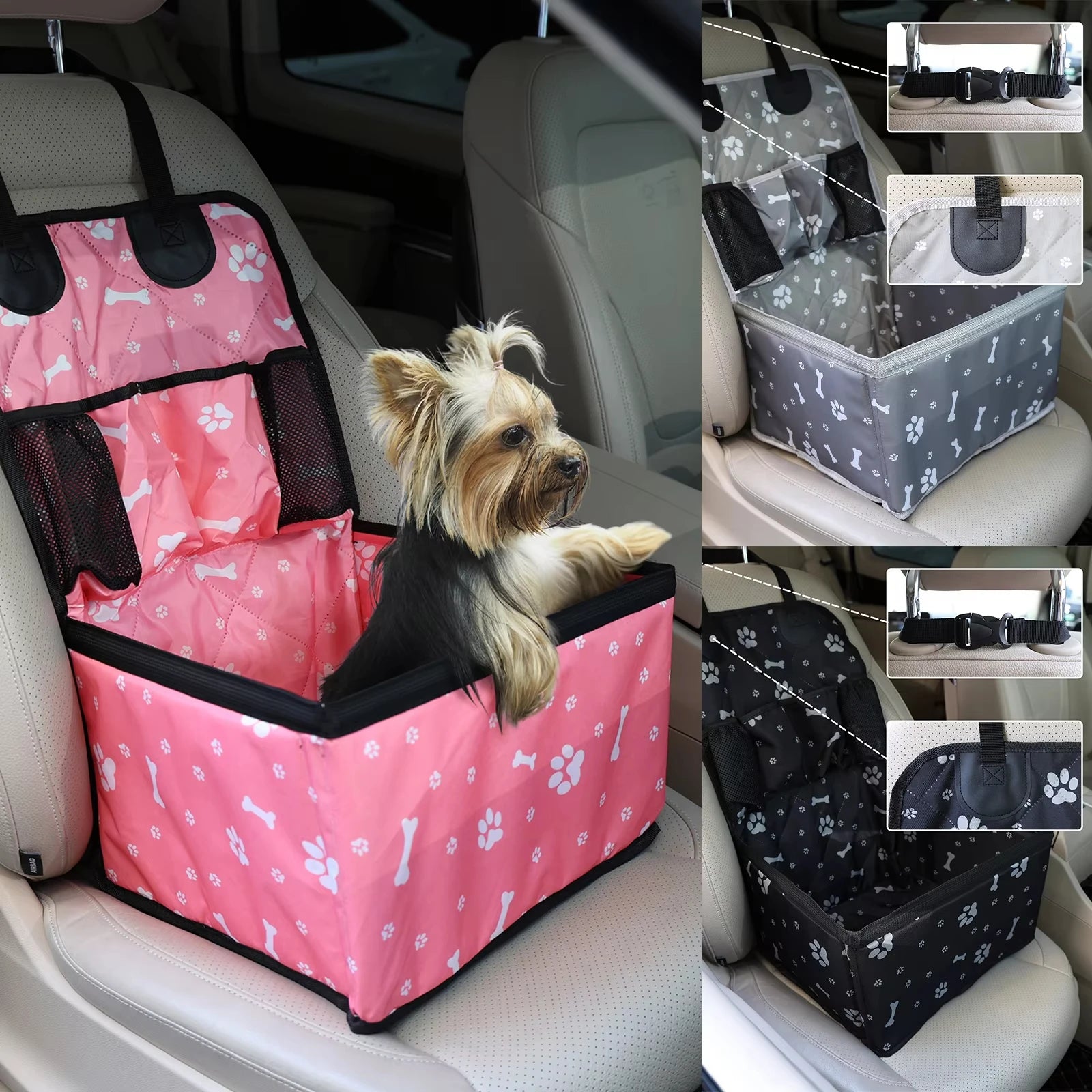 Pink Paw Print Dog Booster Seat for Cars and SUVs