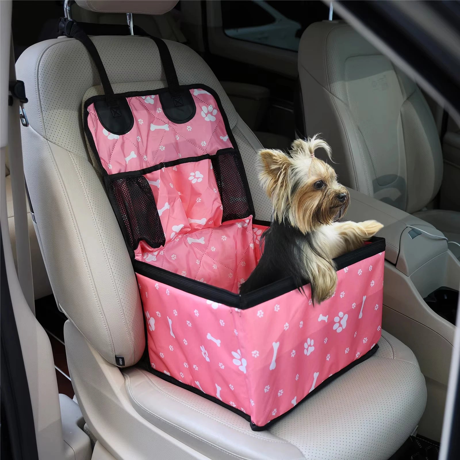 Pink Paw Print Dog Booster Seat for Cars and SUVs